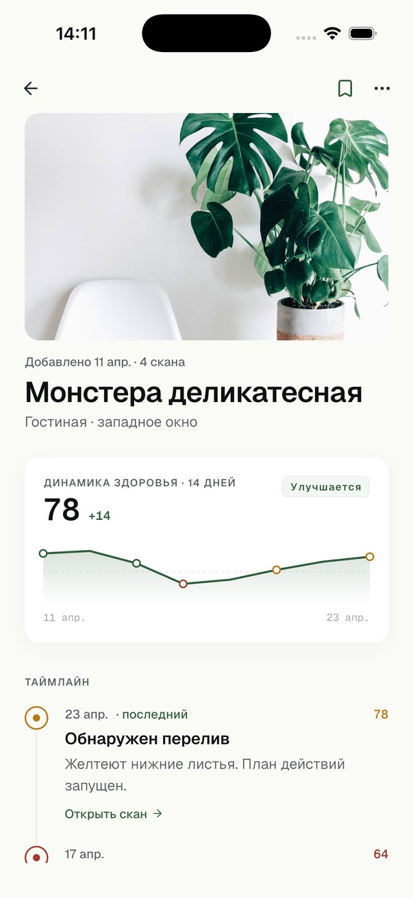 Экран таймлайна FloriZen с историей здоровья растения.