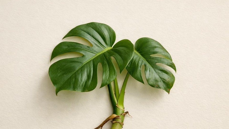 Monstera cutting photographed on archival paper as a botanical specimen.