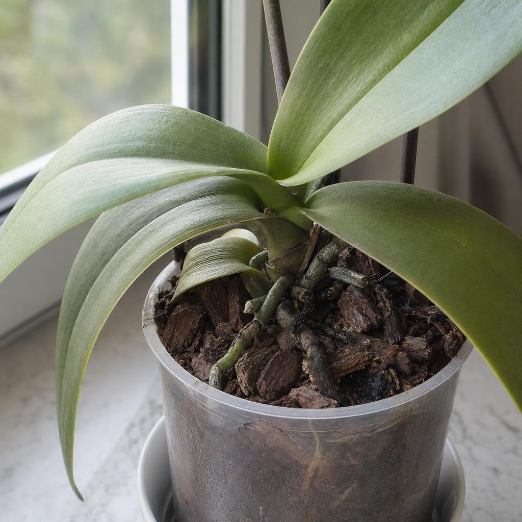 Корни фаленопсиса в субстрате из коры.