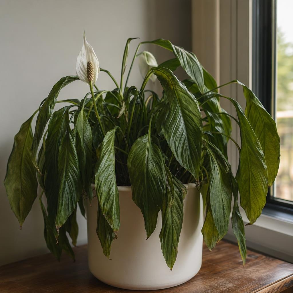 Drooping peace lily in subdued morning light.