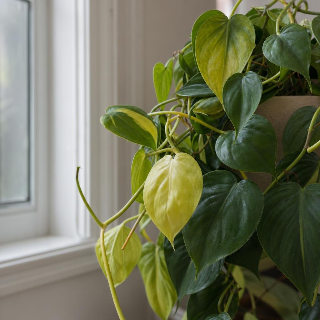 Сердцелистный филодендрон с бледными новыми листьями.